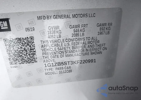 2019 Chevrolet Malibu 1Ls z USA, uszkodzony, nr VIN 1G1ZB5ST3KF220991